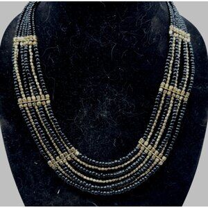 Multi-Strand Black & Gold Beaded Necklace With Adjustable Chain 21" READ